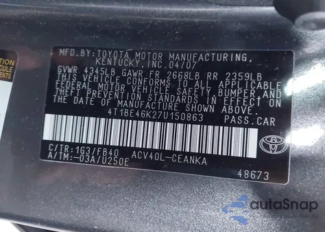 2007 Toyota Camry Le из США, поврежденный, VIN 4T1BE46K27U150863